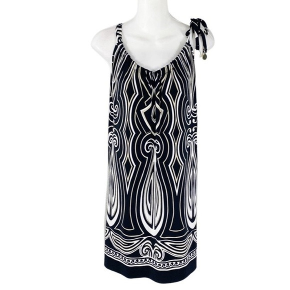 WHBM black white gold printed halter jersey shift dress small VV20